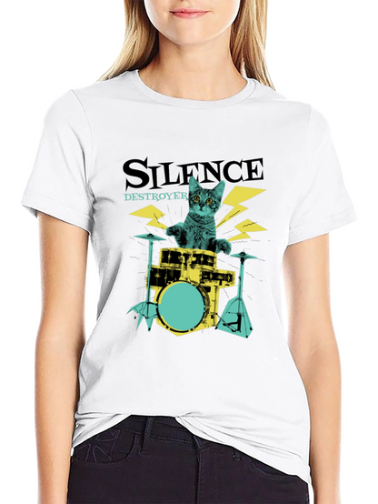 Camiseta Negra Silence Destroyer Gato Baterista
