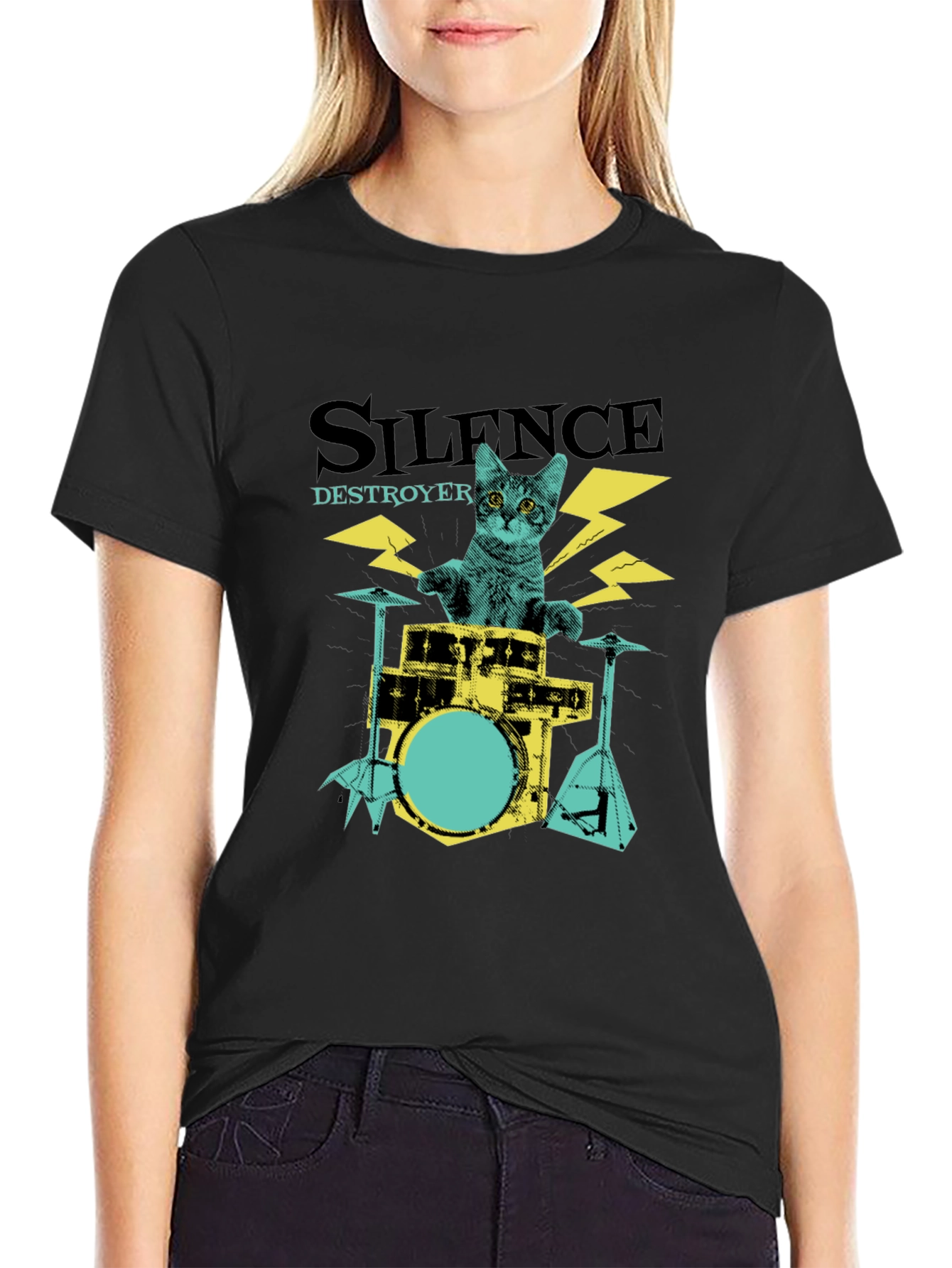 Camiseta Negra Silence Destroyer Gato Baterista