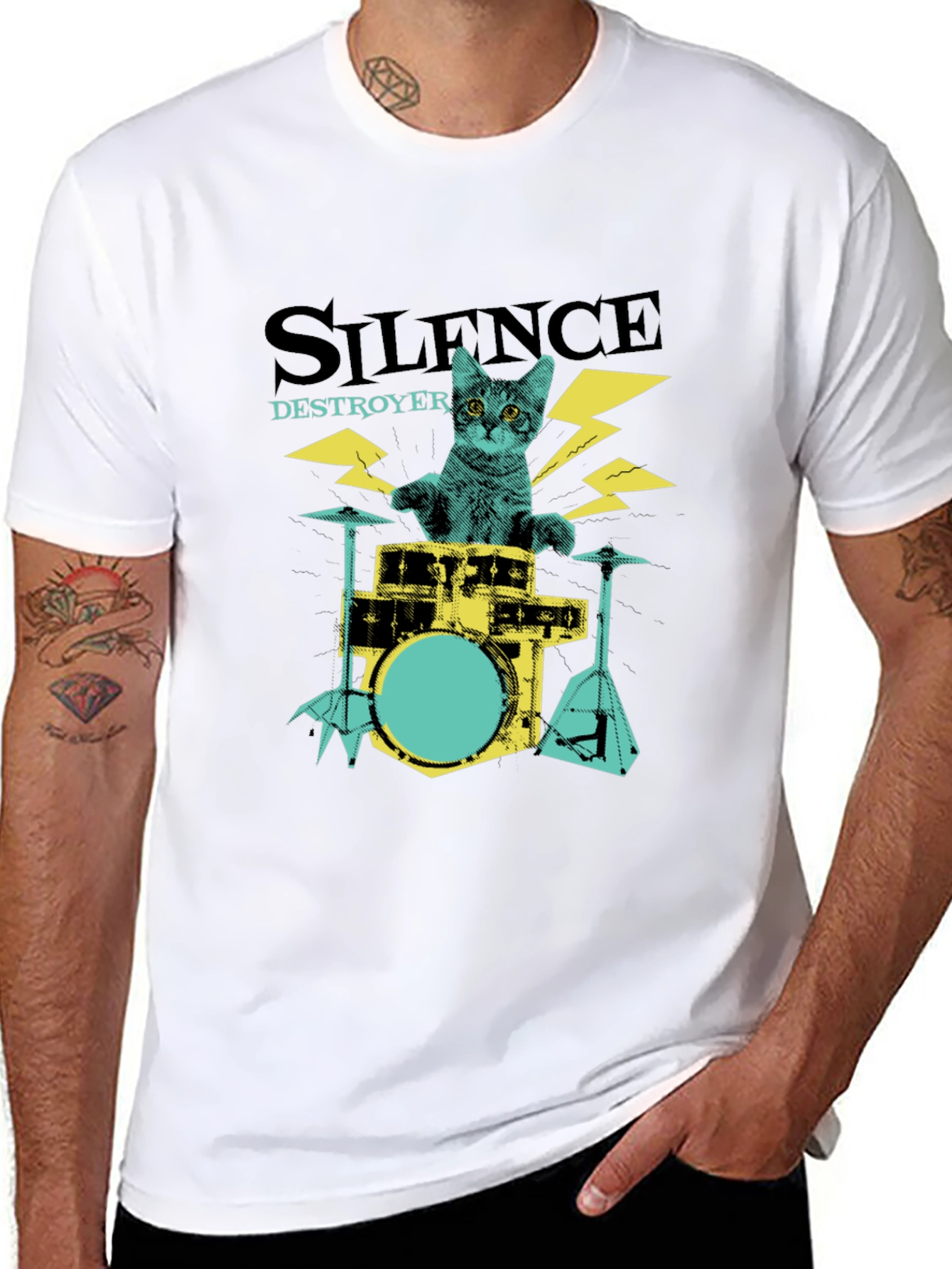 Camiseta Negra Silence Destroyer Gato Baterista