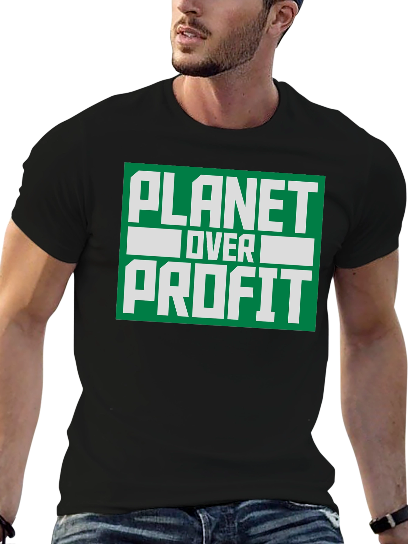Camiseta Negra Planeta Sobre Ganancia - Conciencia Ambiental