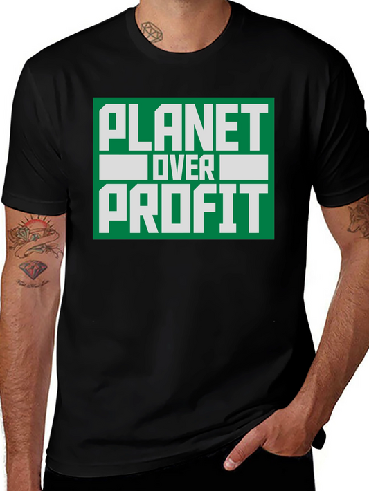 Camiseta Negra Planeta Sobre Ganancia - Conciencia Ambiental