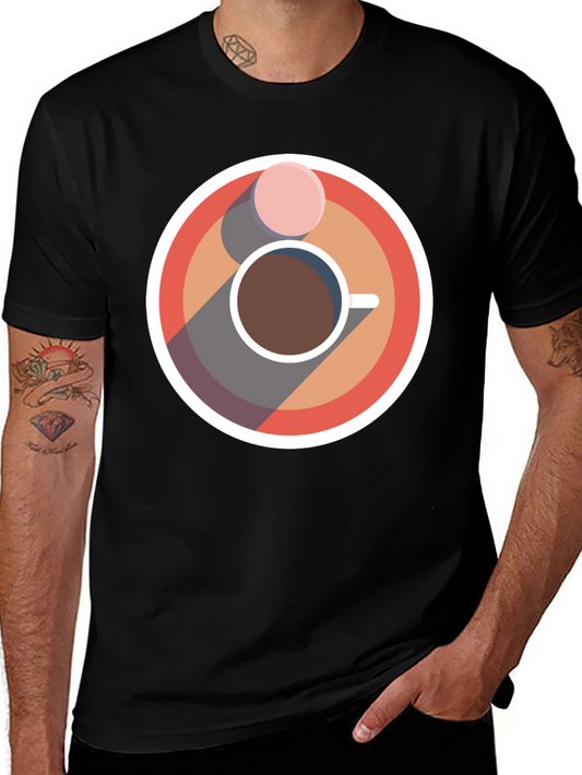 Camiseta Negra con Diseño Circular de Café y Galleta