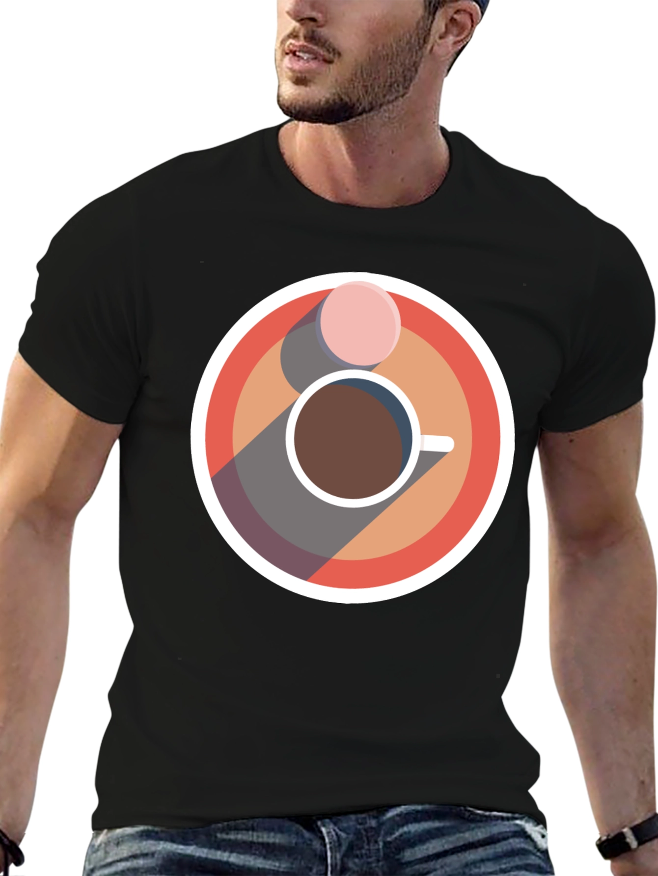 Camiseta Negra con Diseño Circular de Café y Galleta