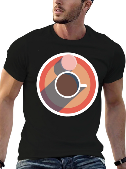 Camiseta Negra con Diseño Circular de Café y Galleta