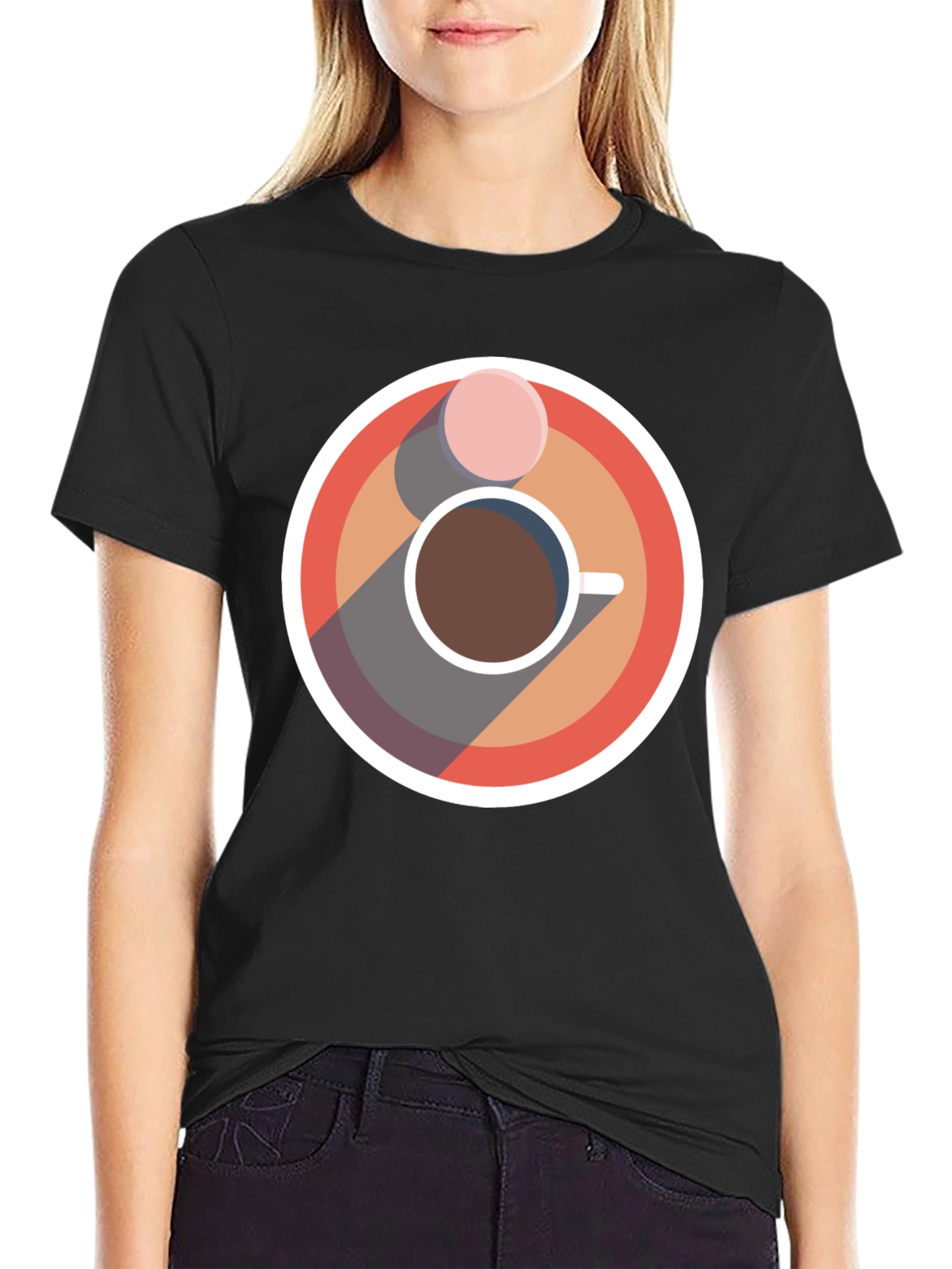 Camiseta Negra con Diseño Circular de Café y Galleta