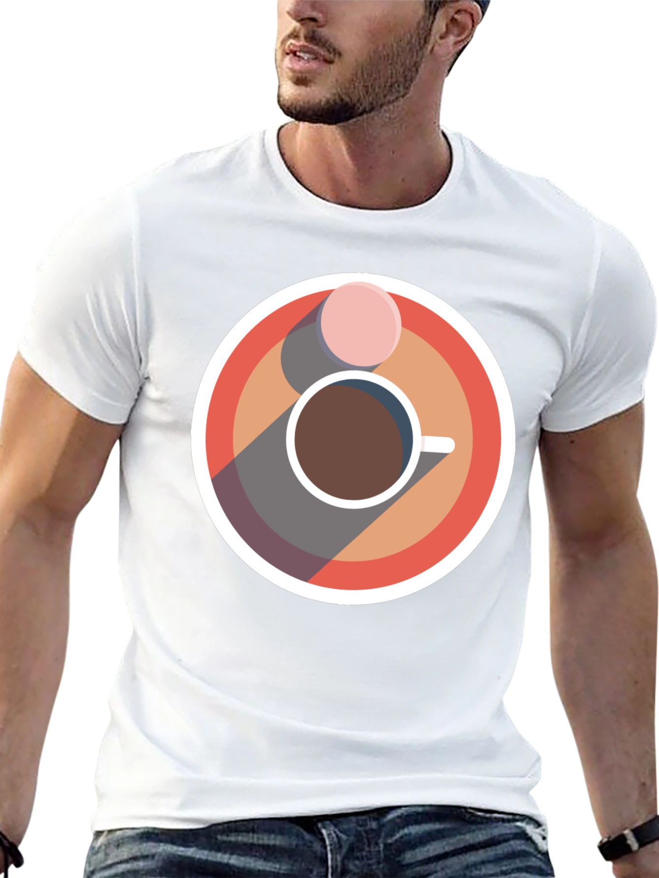 Camiseta Negra con Diseño Circular de Café y Galleta