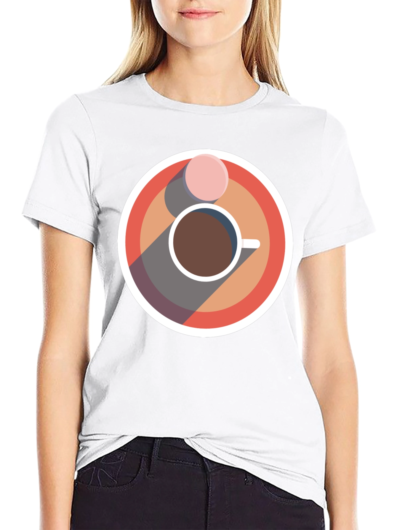 Camiseta Negra con Diseño Circular de Café y Galleta