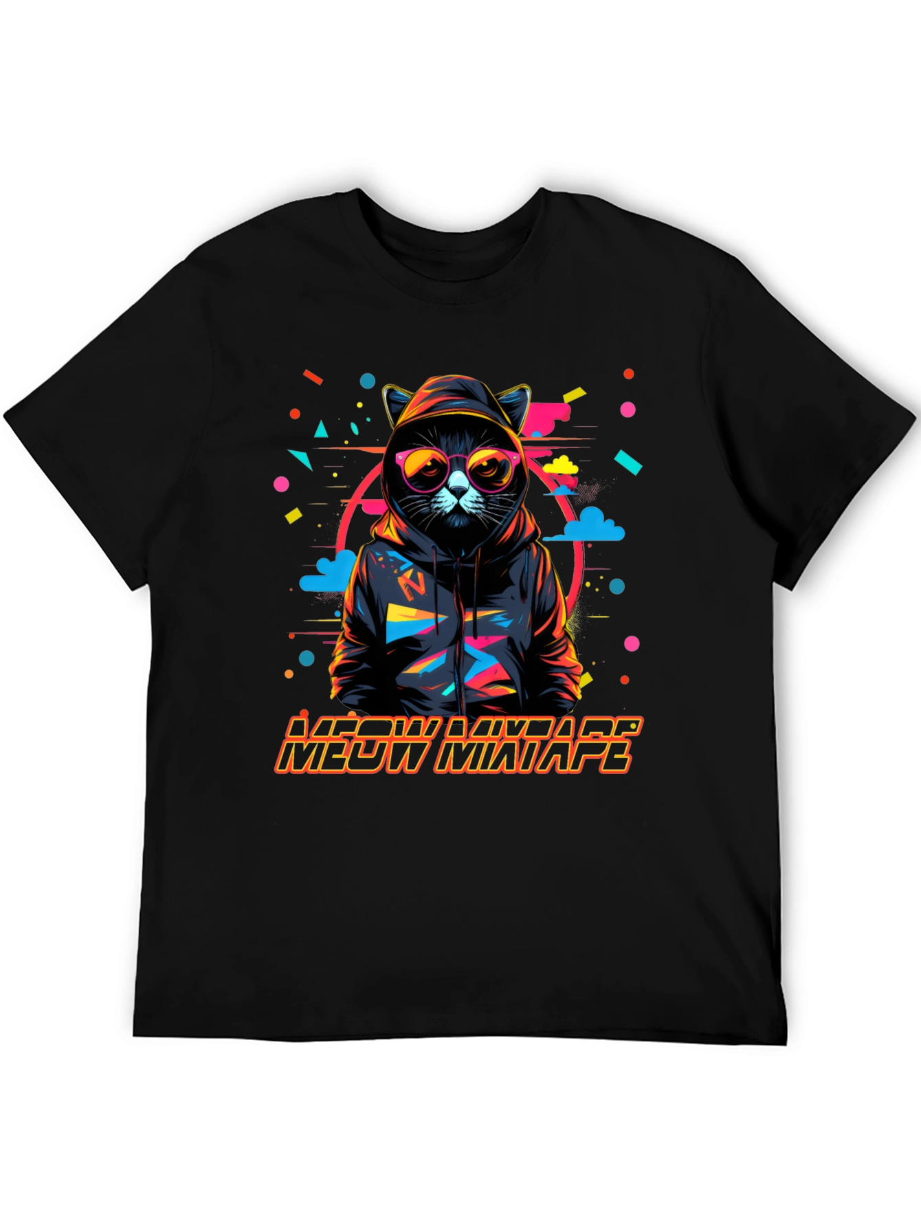 Camiseta Negra con Diseño de Gato DJ Meow Mixtape