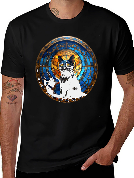 Camiseta Negra con Diseño de Gato Vitral