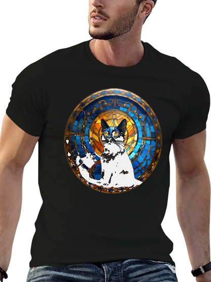 Camiseta Negra con Diseño de Gato Vitral