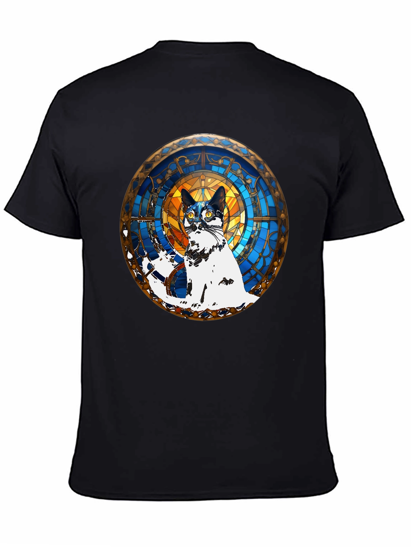 Camiseta Negra con Diseño de Gato Vitral
