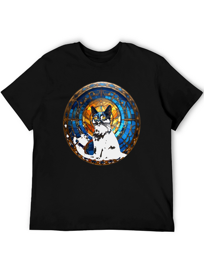 Camiseta Negra con Diseño de Gato Vitral