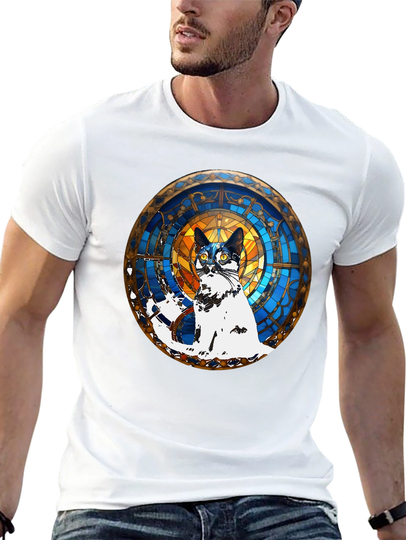 Camiseta Negra con Diseño de Gato Vitral