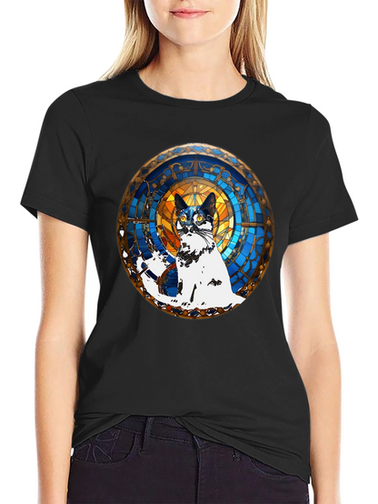 Camiseta Negra con Diseño de Gato Vitral