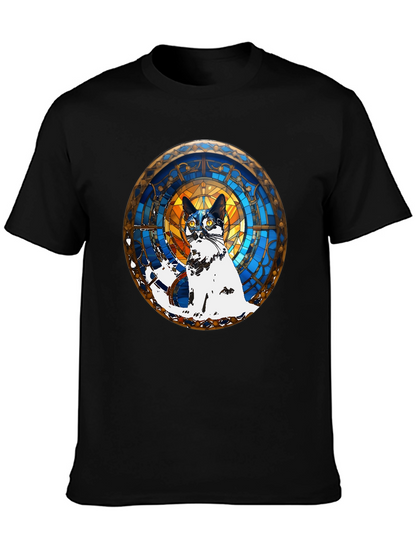 Camiseta Negra con Diseño de Gato Vitral