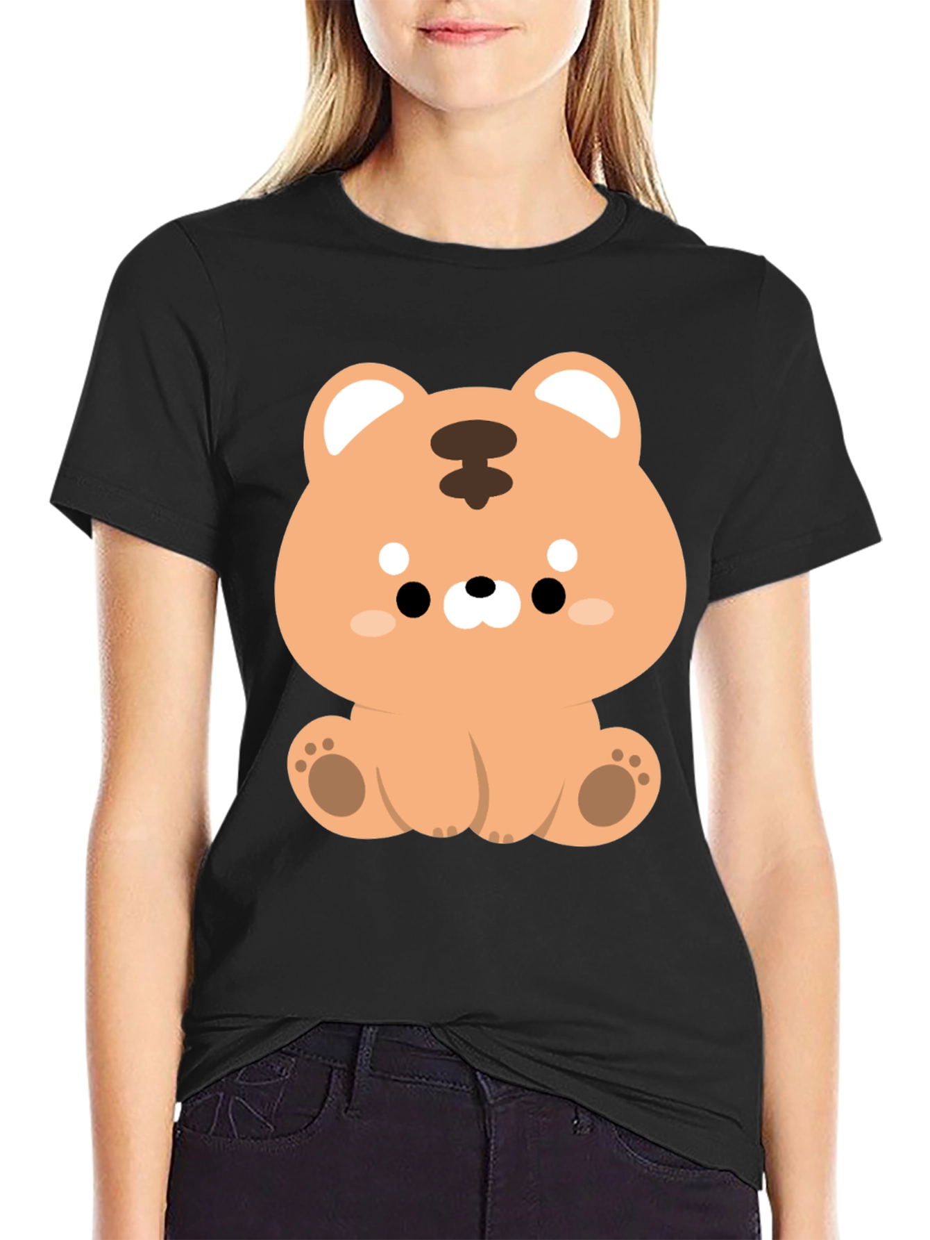 Camiseta Negra con Diseño de Tigre Kawaii