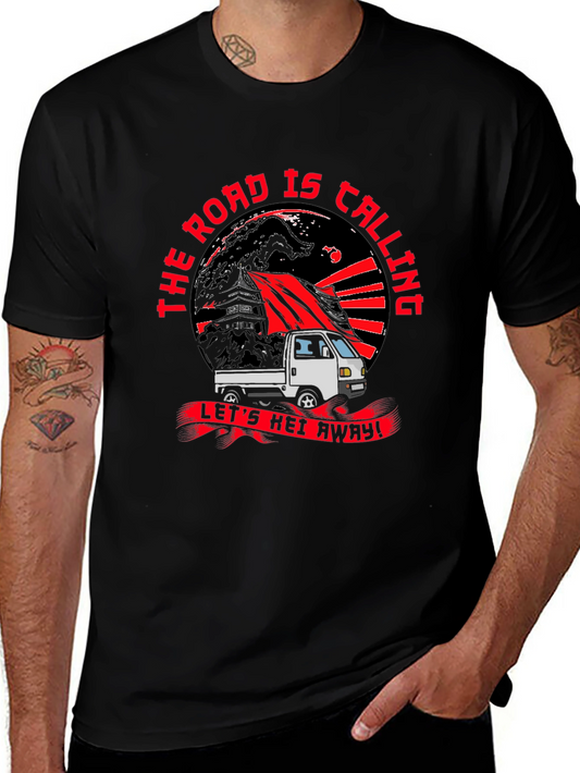 Camiseta Negra con Diseño de Camioneta The Road is Calling