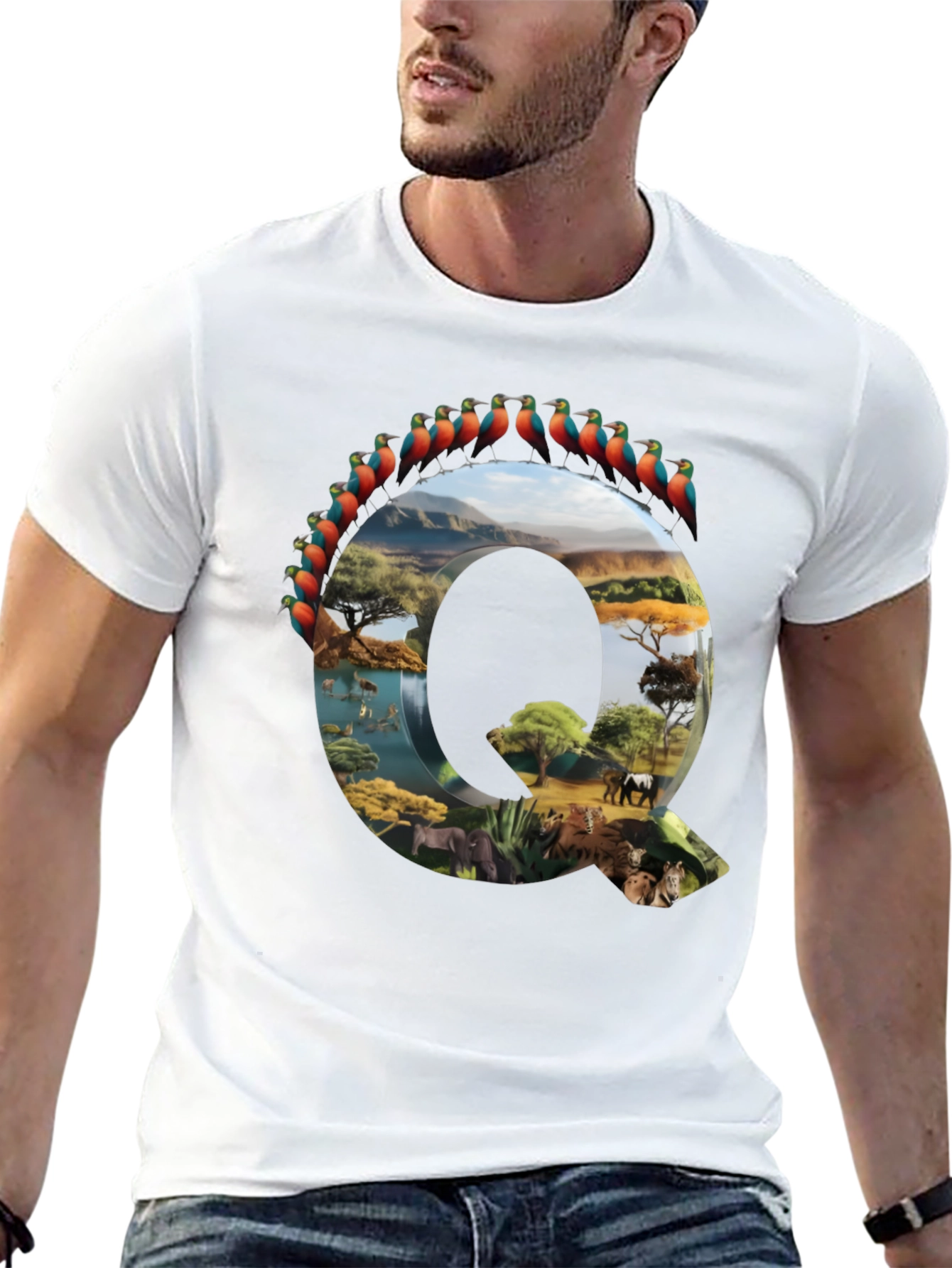 Camiseta Negra con Diseño de Naturaleza Letra Q