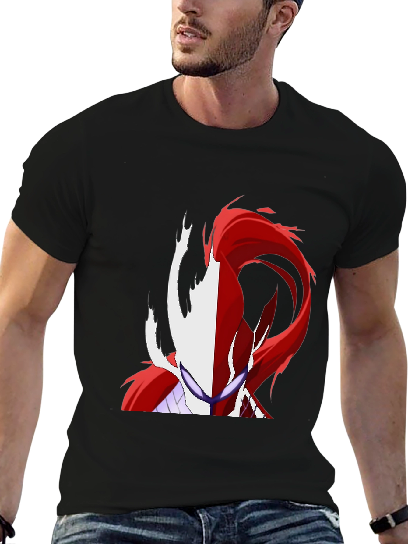 Camiseta Negra con Diseño Abstracto Rojo y Blanco
