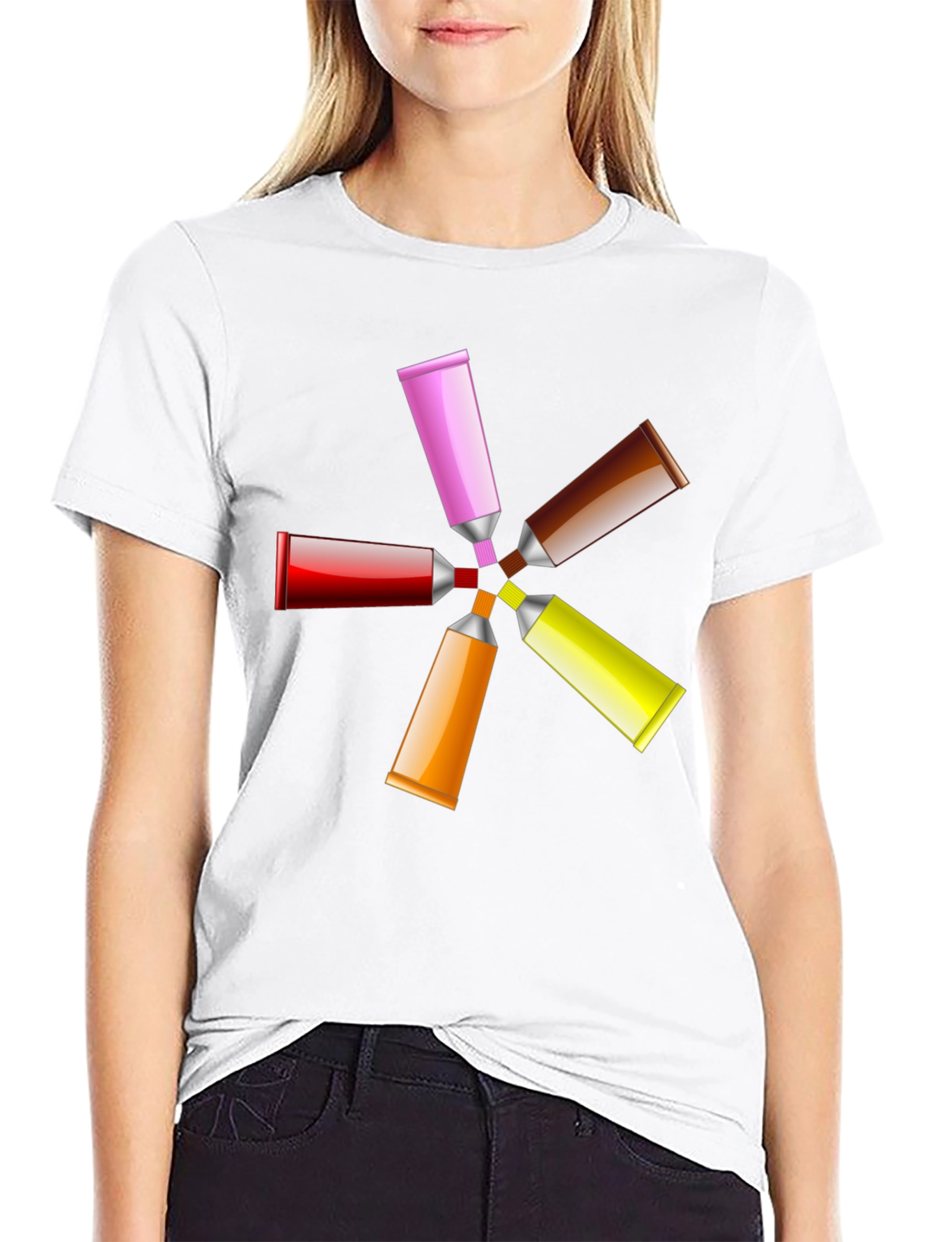 Camiseta Negra con Diseño de Tubos de Pintura