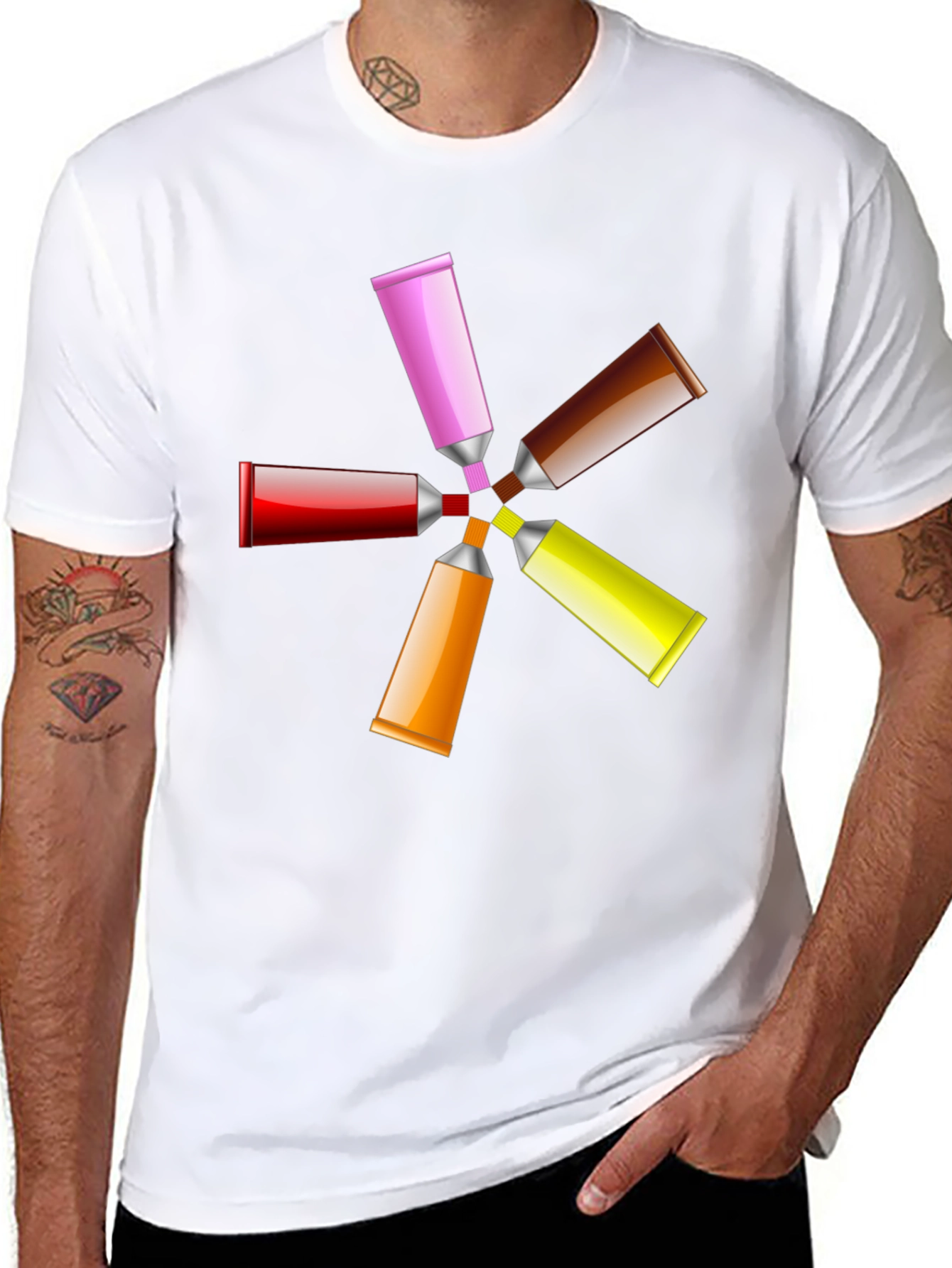 Camiseta Negra con Diseño de Tubos de Pintura