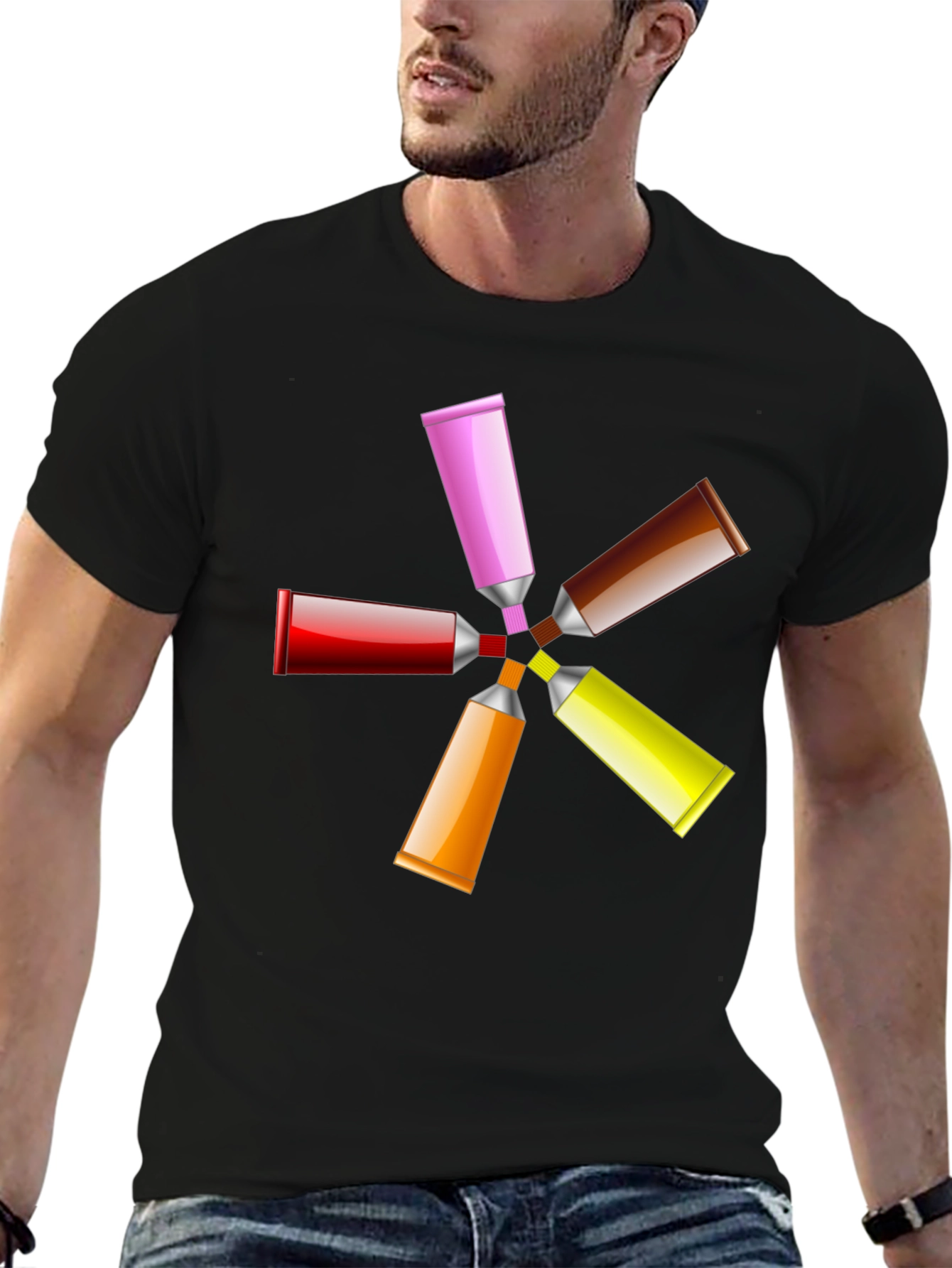 Camiseta Negra con Diseño de Tubos de Pintura
