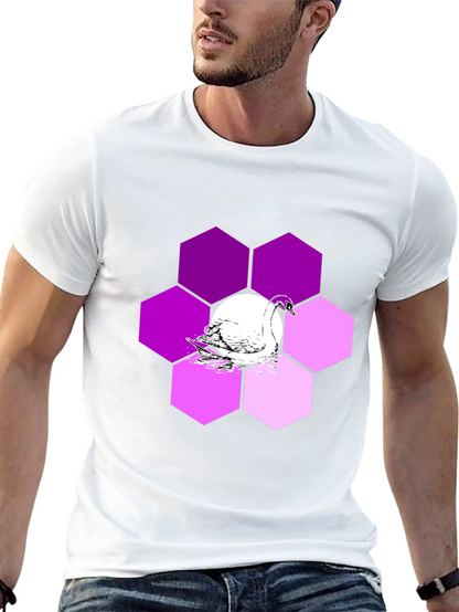 Camiseta Negra con Cisne y Hexágonos Púrpuras