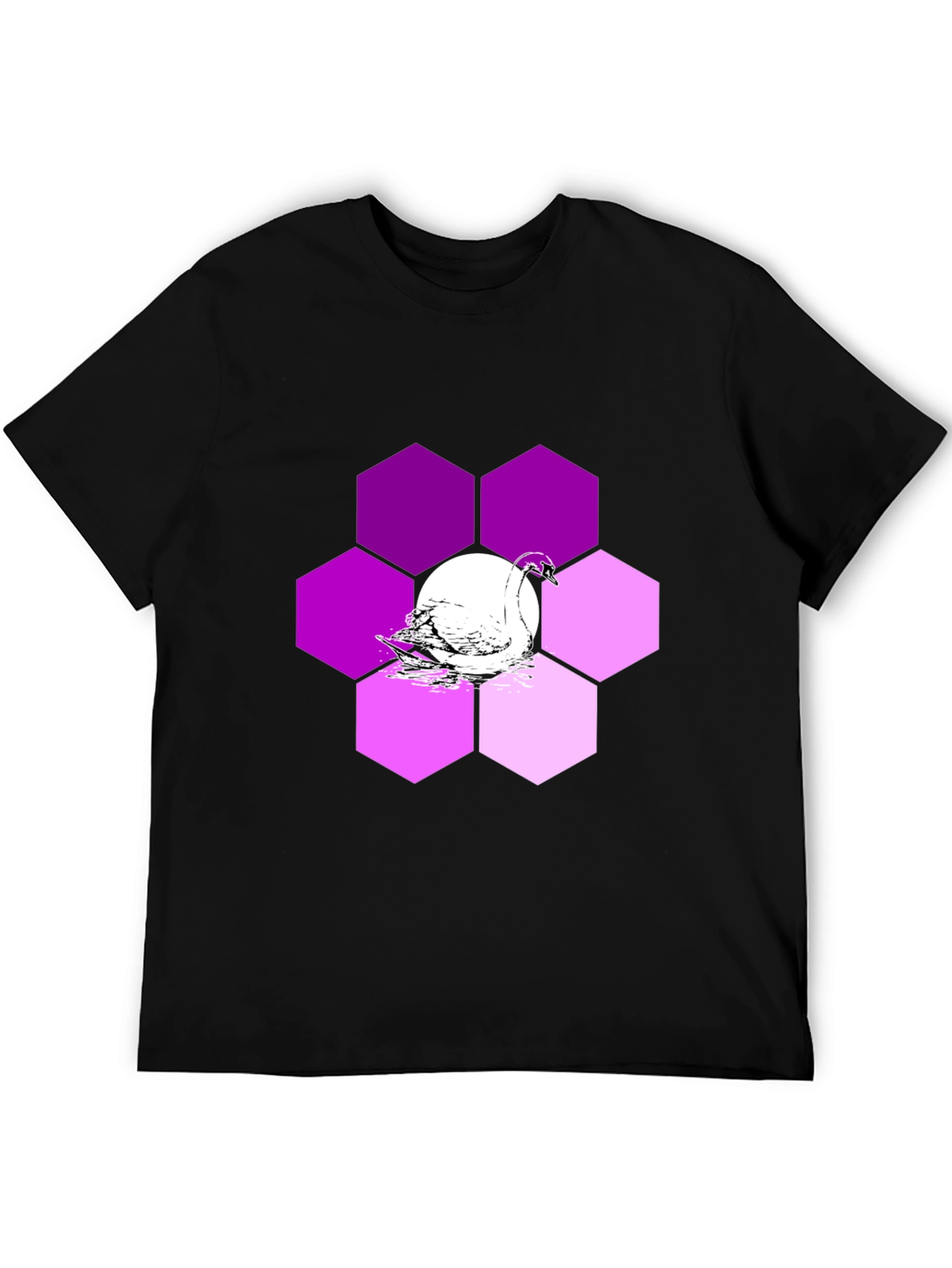 Camiseta Negra con Cisne y Hexágonos Púrpuras
