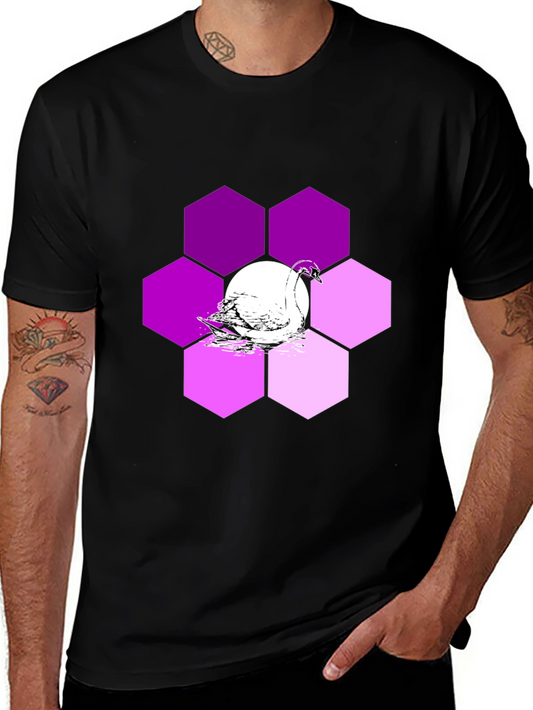 Camiseta Negra con Cisne y Hexágonos Púrpuras