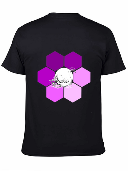 Camiseta Negra con Cisne y Hexágonos Púrpuras
