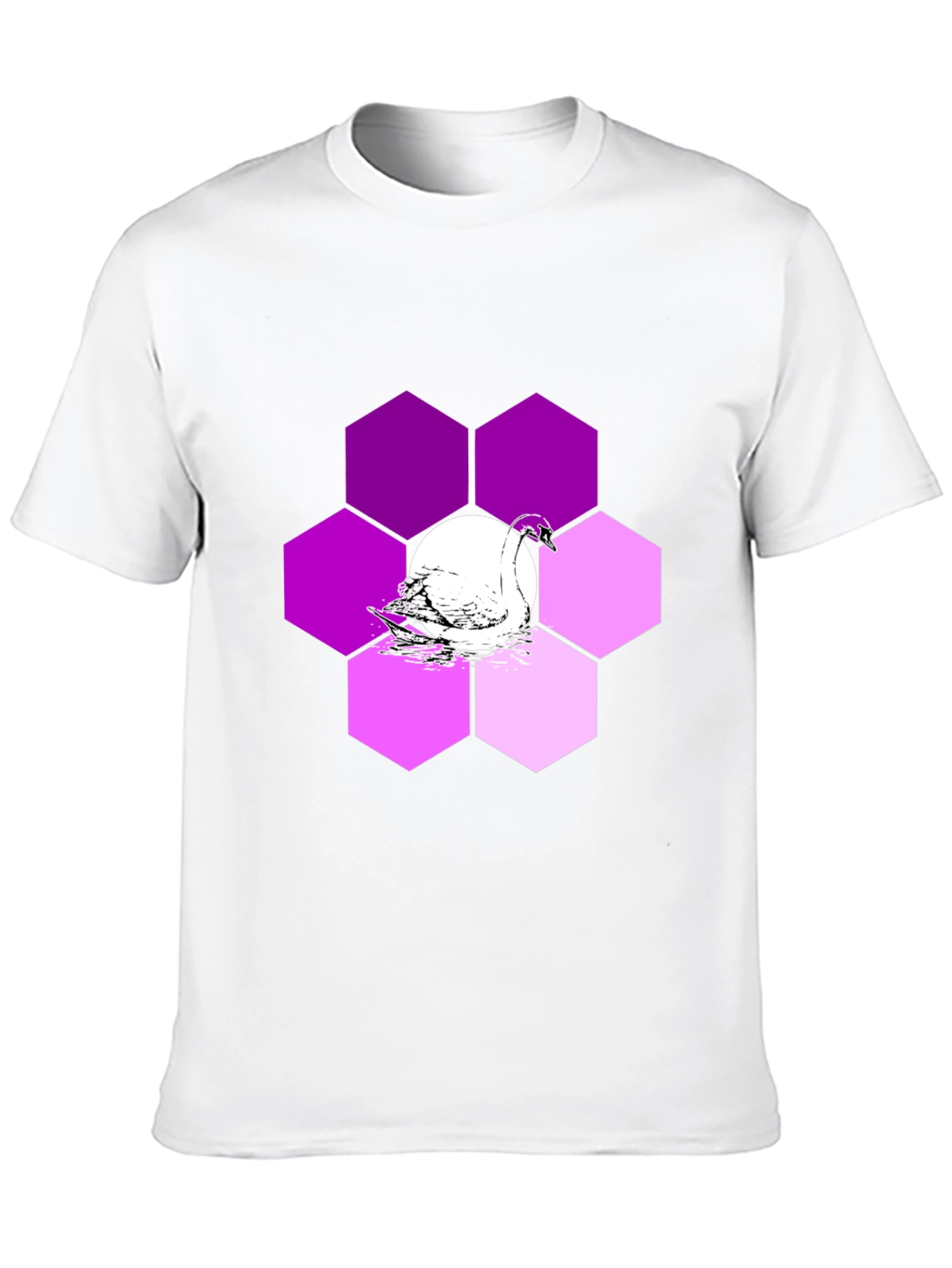 Camiseta Negra con Cisne y Hexágonos Púrpuras