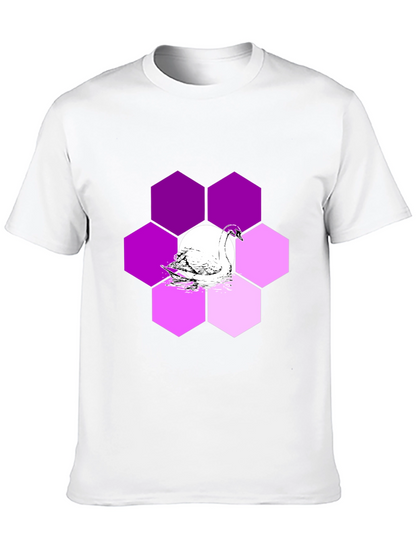 Camiseta Negra con Cisne y Hexágonos Púrpuras