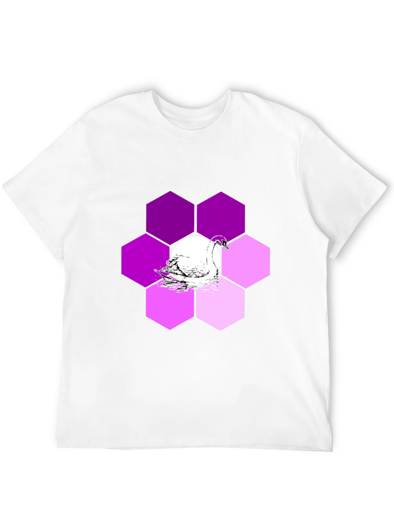 Camiseta Negra con Cisne y Hexágonos Púrpuras