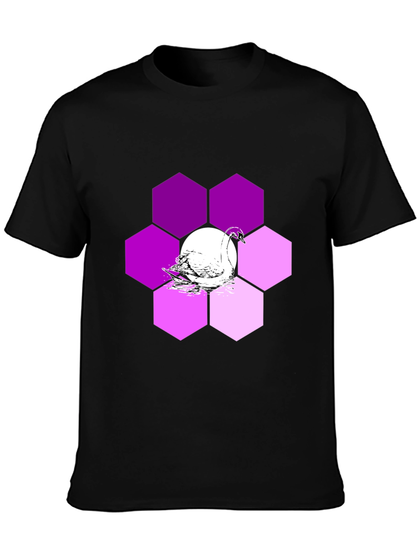 Camiseta Negra con Cisne y Hexágonos Púrpuras