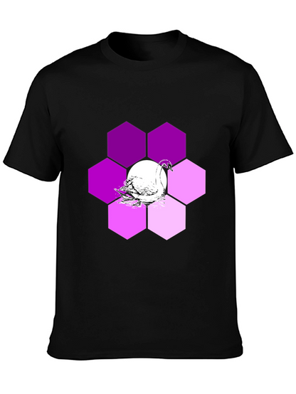Camiseta Negra con Cisne y Hexágonos Púrpuras