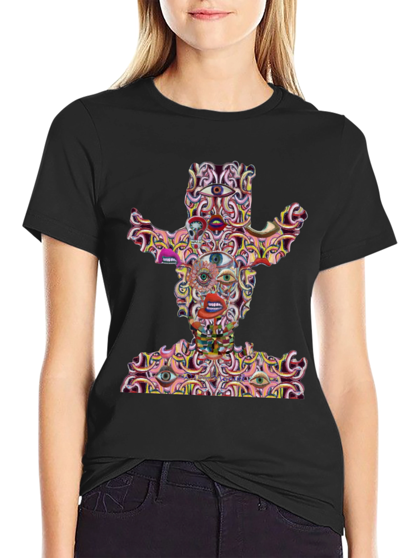 Camiseta Negra con Diseño Abstracto de Vaquero