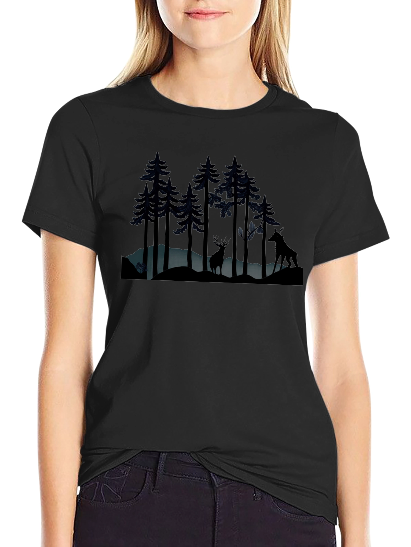 Camiseta Negra Bosque Nocturno