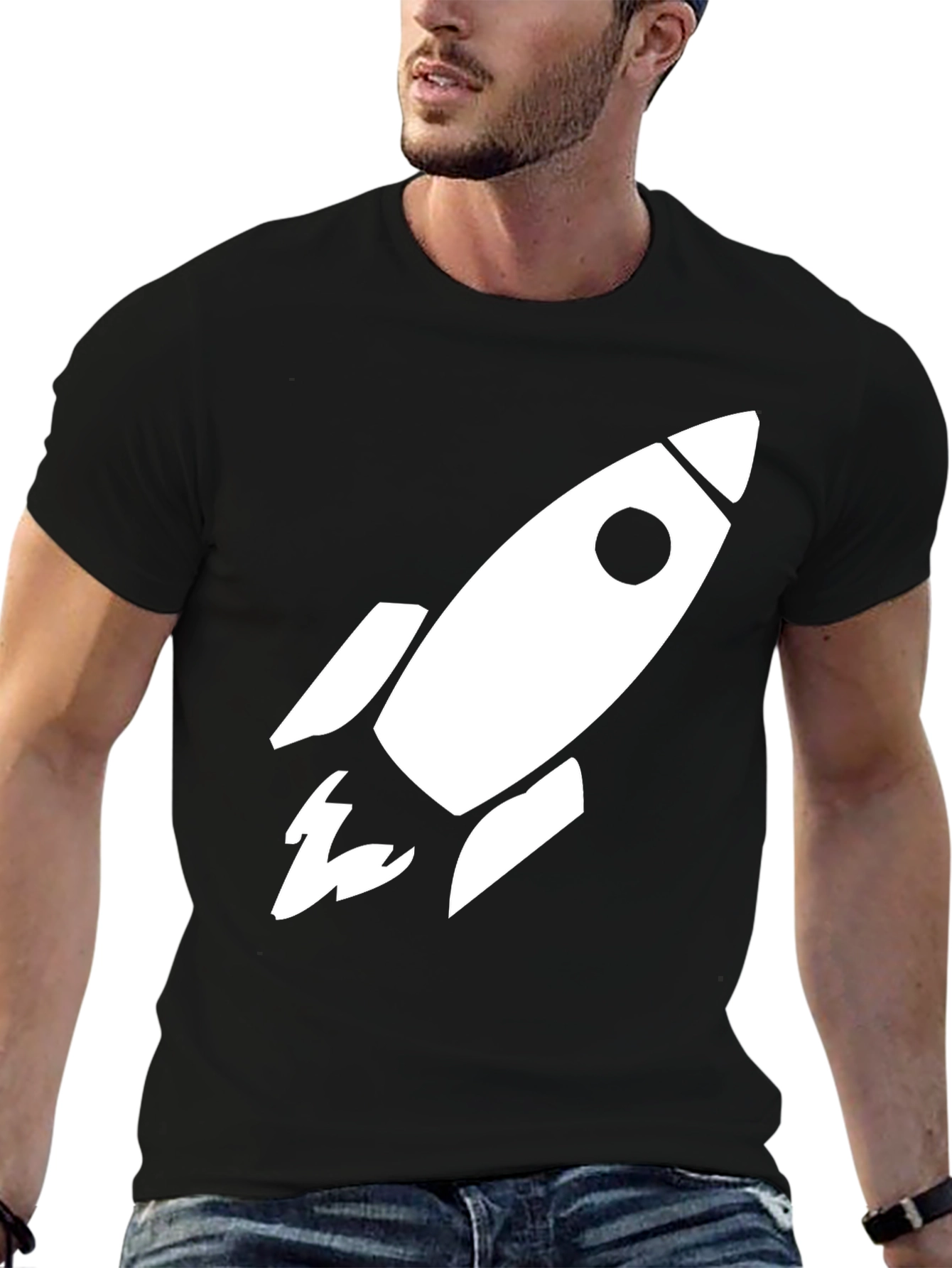 Camiseta Negra Cohete Espacial Algodón Hombre