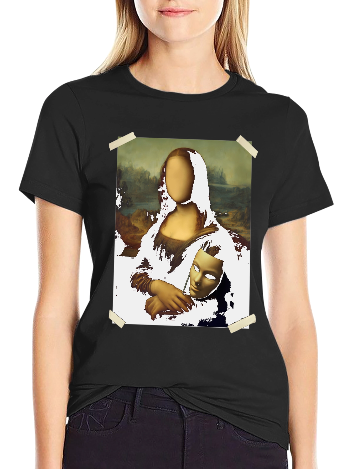 Camiseta Negra con Diseño Mona Lisa Abstracta