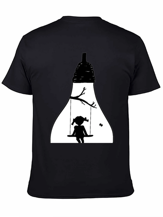 Camiseta Negra con Diseño de Silueta Infantil en Columpio