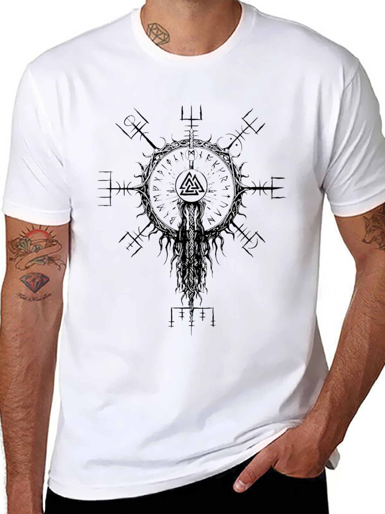 Camiseta Vikinga Negra Vegvísir Valknut Unisex
