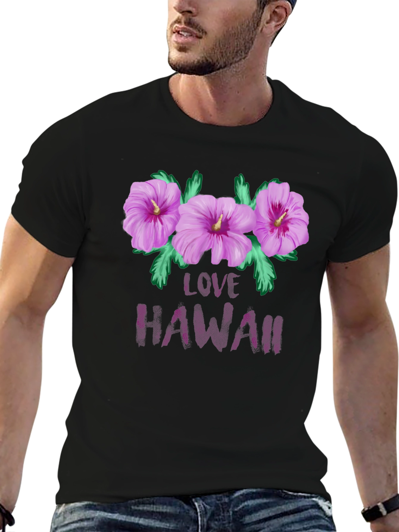 Camiseta Negra con Diseño Floral Love Hawaii