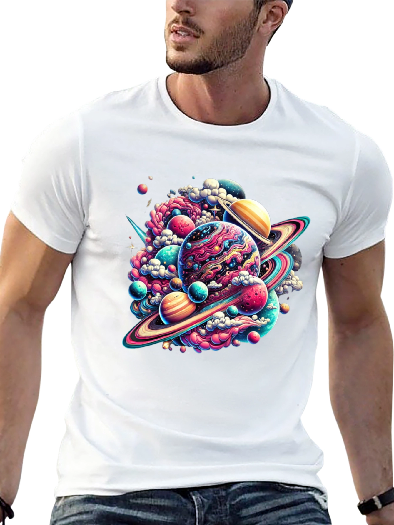 Camiseta Negra con Diseño Espacial Abstracto
