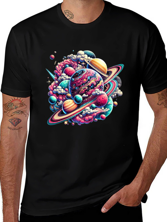 Camiseta Negra con Diseño Espacial Abstracto