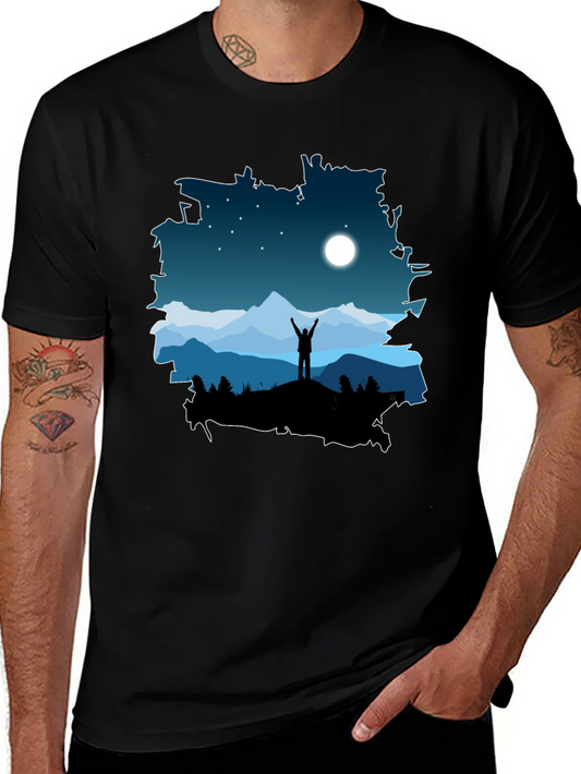 Camiseta Negra Diseño Montaña Nocturna
