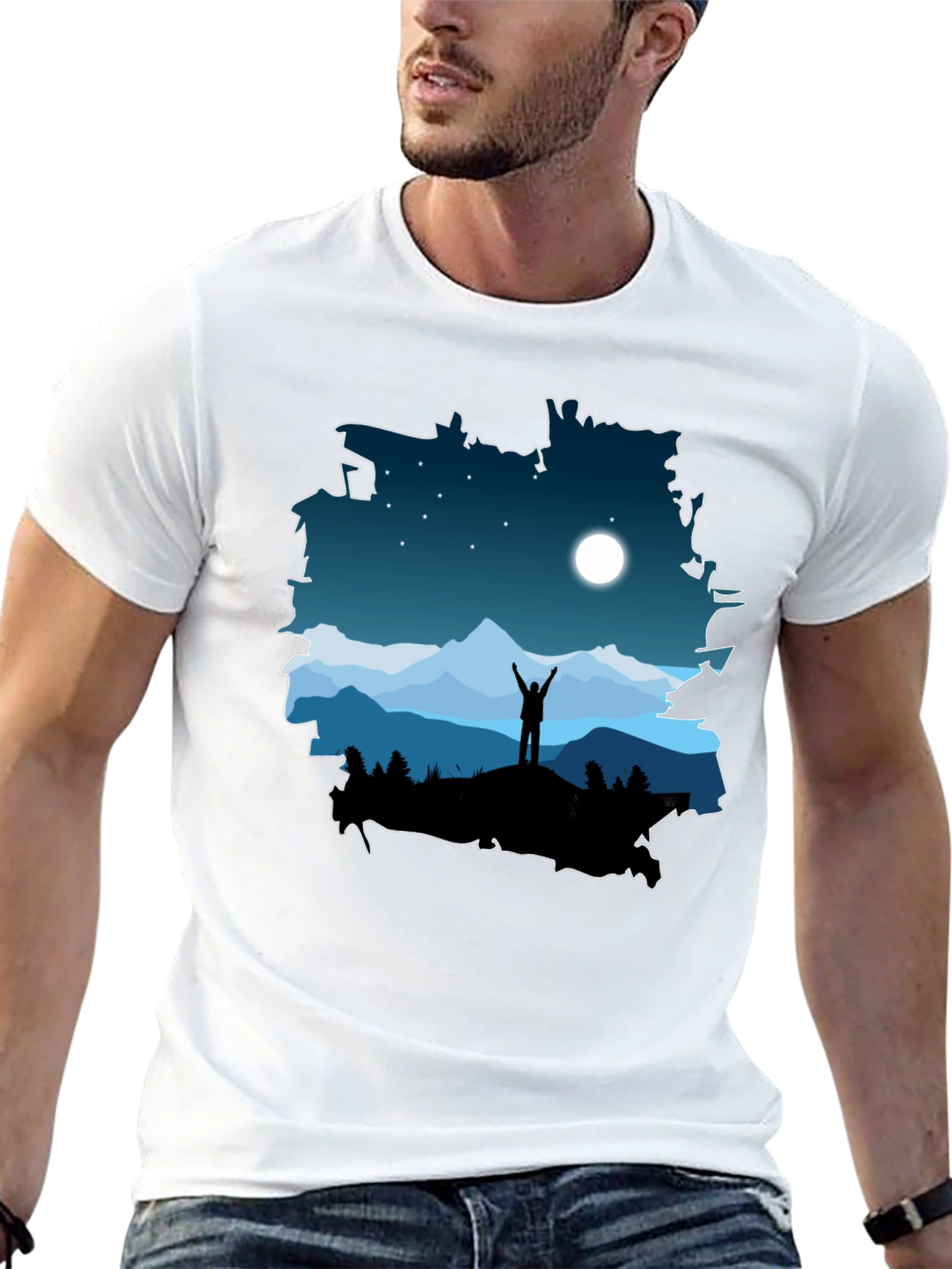 Camiseta Negra Diseño Montaña Nocturna