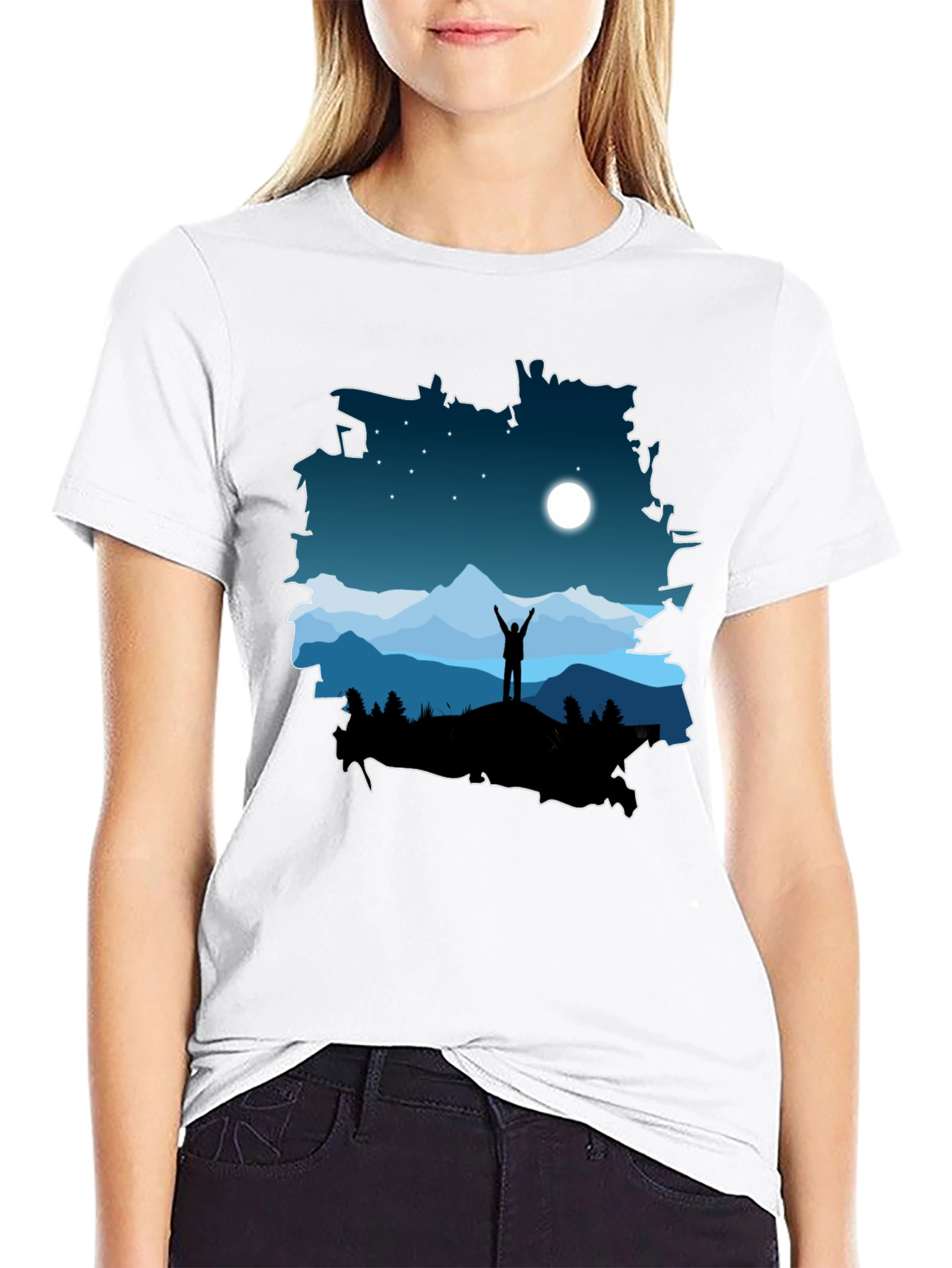 Camiseta Negra Diseño Montaña Nocturna
