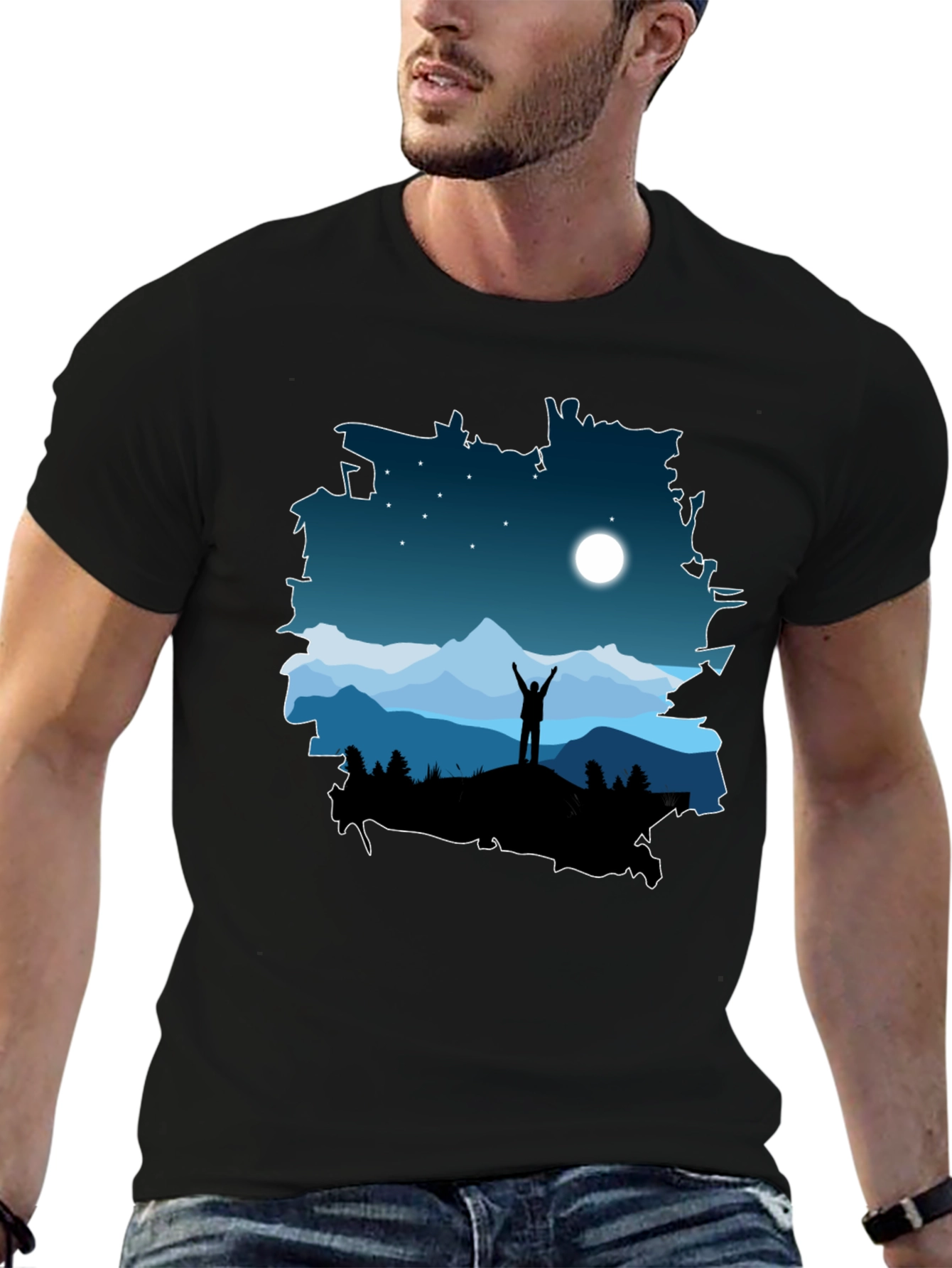 Camiseta Negra Diseño Montaña Nocturna