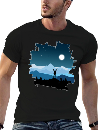 Camiseta Negra Diseño Montaña Nocturna