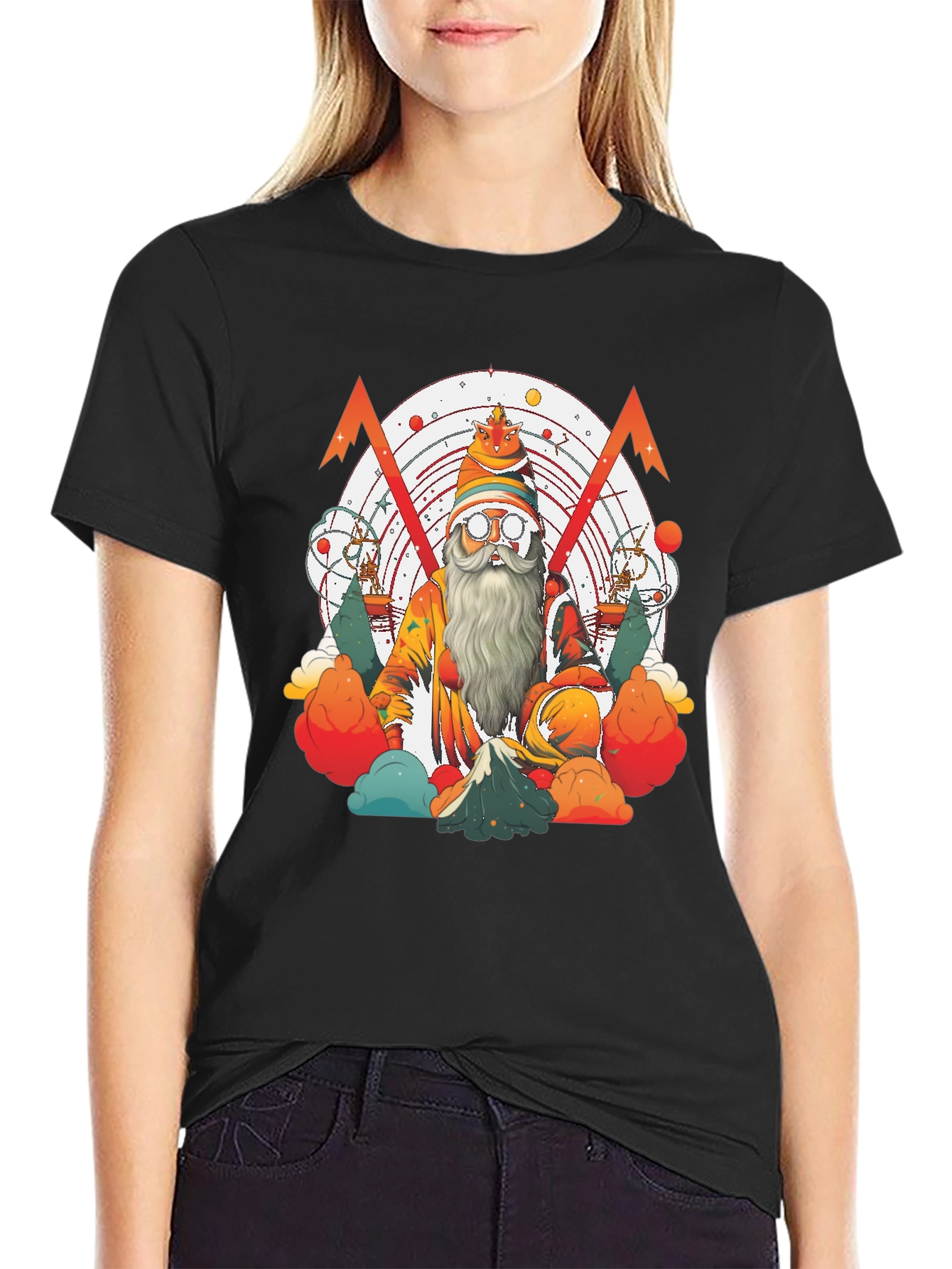 Camiseta Negra con Diseño de Mago Astronómico